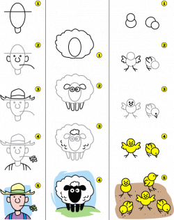 How to draw a farmer, sheep and chicks. | Art: Shape | Pinterest ...