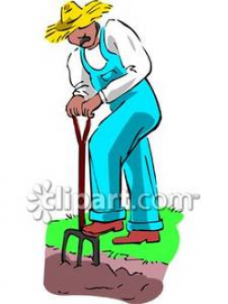 Farmer Digging Rows In a Garden - Royalty Free Clipart Picture