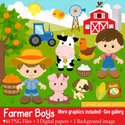 Farmer boys- Farm clipart - Clip Art and Digital paper set