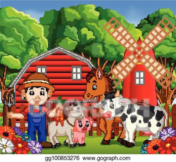 Vector Clipart - Farm scenes with many animals and farmers ...