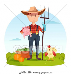 Vector Stock - Farmer with pitchfork and pork, vegetables ...