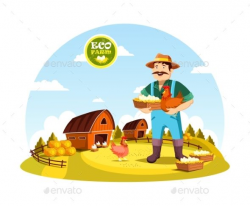 Eco farm with farmer holding eggs and hen near field with ...
