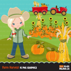 Farmer Clipart, fall farmers with tractor, cute character, african  american, planner stickers, harvest, pumpkin patch, sunflowers, corn farm