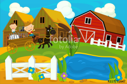 cartoon farm scene with father and son - kid - working ...