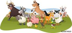 Group of farm cartoon animals. Farm background. 
