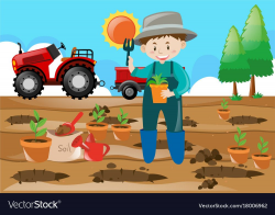 Farm scene farmer planting tree in the field Vector Image ...