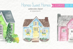 Watercolor Clip Art - Houses Graphics Hand Painted ...