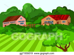Vector Art - Cartoon village houses with green field and ...