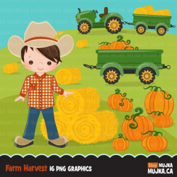 Farmer Clipart, fall farmers with tractor, cute characters, african  american, planner stickers, activity, autumn harvest, pumpkin patch, hay