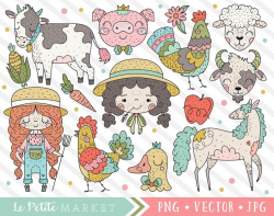 Farm Girl Clipart Set, Cute Farming Clip Art Animals, Farm Clipart, Farm  Animals, Cute Cow Pig Rooster Horse, Animals Portraits Illustration