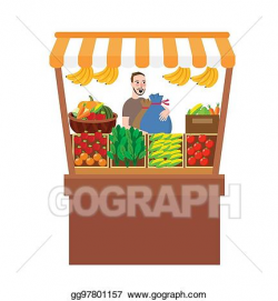 Vector Illustration - Man selling fruits vegetables in stall ...
