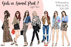 Watercolor Fashion Clipart - Girls in Animal Print 2 - Light ...