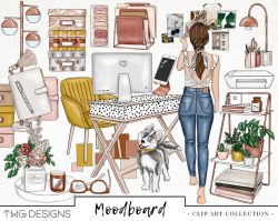 Mood board Fashion Girl Clip Art Watercolor Clipart Office Work Planner  Mood Boss Babe Home Decor Desk Neutral Hand Drawn Sticker Graphics