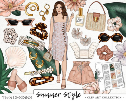 Trendy Style Fashion Girl Clip Art Watercolor Clipart Jewelry Accessories  Outfit Blogger Tortoise Shell Flowers Hand Drawn Sticker Graphics