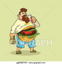 Vector Art - Fat man eat burger sandwich soda soft drink ...