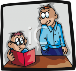 Clip Art Picture of a Happy Father Watch His Boy Doing Homework