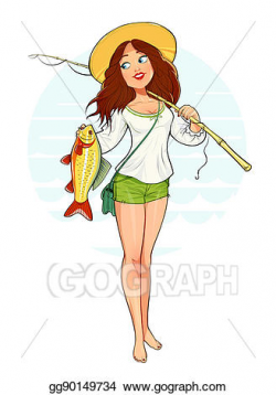 Clipart - Beautiful fisher girl with fish and rod. Stock ...