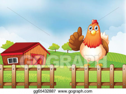 Vector Clipart - A chicken above a wooden fence at the farm ...