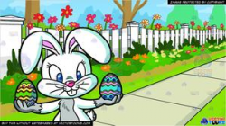 An Easter Bunny Holding Colorful Eggs and White Picket Fence Background