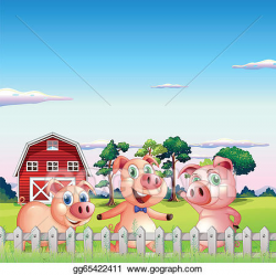 EPS Illustration - Three pigs dancing inside the fence ...