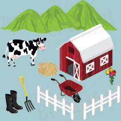 FARM DIGITAL CLIPART Set, Barn, Cow, Fence, Flowers, Pitchfork, Hay,  Wheelbarrow, Boots, Mountains