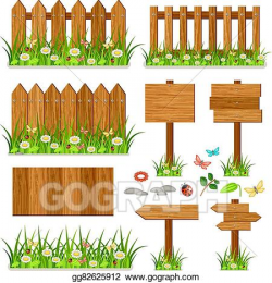 EPS Illustration - Wooden fence set with grass and flowers ...