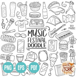 VECTOR EPS Music Festival Party Summer Vacations Doodle Icons Clipart  Scrapbook Set Hand Drawn Line Art Design Clip Art Coloring Sketch