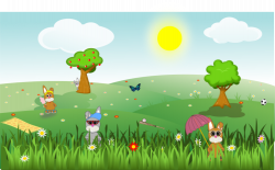 Free Summer green and sunny landscape with bunnies, trees, flowers ...