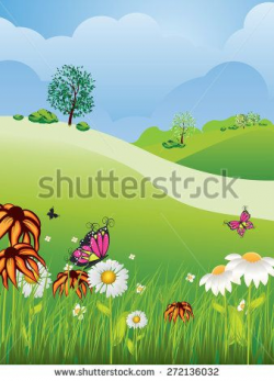 Cartoon nature summer or spring landscape, with fields ...