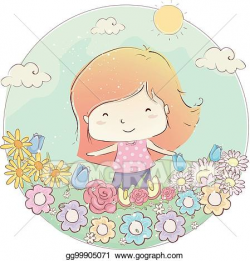 Clip Art Vector - Kid girl outdoor flower field illustration ...