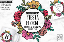 Fiesta Watercolor Flower Frame Clipart, Bright Floral