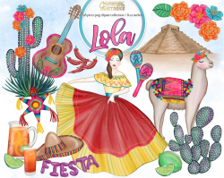 Cinco de Mayo clipart - 28 piece Mexican clip art - fiesta planner graphics  - llama clipart, watercolor cactus clipart, fashion illustration