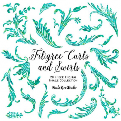 Green Filigree Swirls and Curls Flourish Clipart, Green Watercolor Clip  Art, Wedding Invitation Clip Art, Commerical Use
