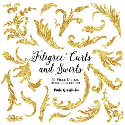 Filigree Feather Flourishes, Gold Glitter Clipart, Wedding Invitation Clip  Art, Instant Download, Commerical Use