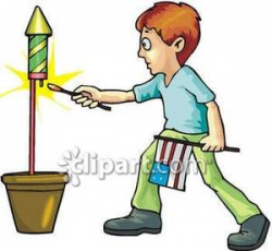 Kid Lighting a Firecracker - Royalty Free Clipart Picture