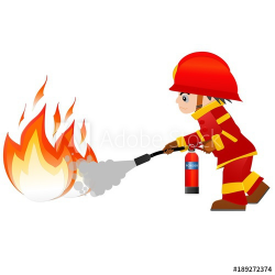 Extinguish fire. Fireman hold in hand fire extinguisher ...