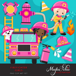 Fire fighter Girls Clipart. Cute fireman, fire truck, hose ...