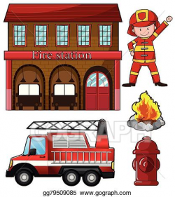 Clip Art Vector - Fireman and fire station. Stock EPS ...