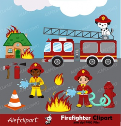 Firefighter Digital Clipart, Fireman boys Clip art, Fire truck .