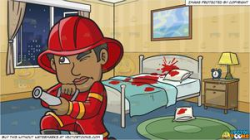 A Black Firefighter Aiming The Hose Towards A Fire and A Crime Scene  Bedroom Background