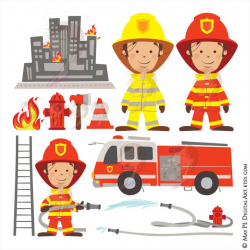 Fireman Birthday Party Clipart - features Firefighter, Fire Truck Engine,  great to make Invitation or as Back To School Graphics 10686