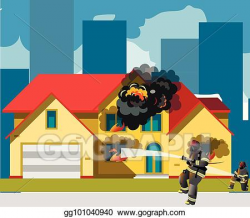 Vector Art - Home on fire with fireman. EPS clipart ...