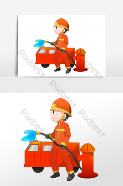 Hand drawn fireman holding water pipe fire safety element ...