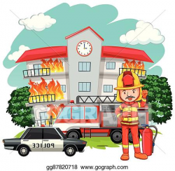 Vector Illustration - Fire scene with fireman at the ...
