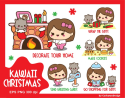 Kawaii Christmas clip art, fireplace clipart, kawaii girl clip art, happy  mail clipart, make cookies clipart, gifts wrapping