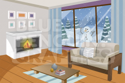 Fireplace in Living Room with Snow Outside Graphic Background Clipart
