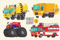 Cars and Trucks Clipart, Fire Truck Clipart, Monster Truck, Concrete Truck  PNG, Instant Digital Download, Stickers Graphic, Garbage Truck