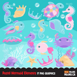 Mermaid undersea clipart, pastel sea animal graphics, card making, planner  stickers, sea turtle, seahorse, crab, seaweed, fish, starfish