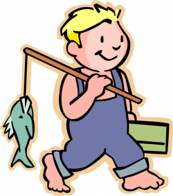 Barefooted Boy Catches Fish - Vector Image