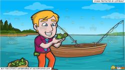 An Excited Man Counting His Money and Fishing Boat On The Lake Background